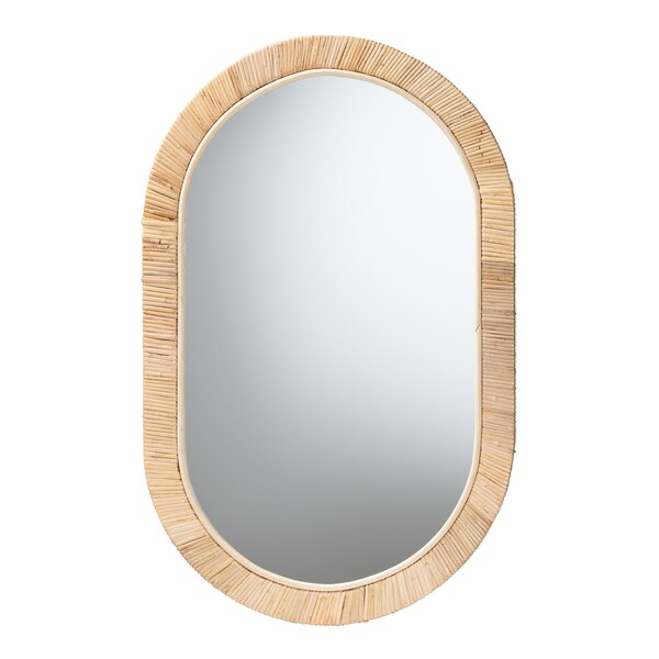 Baxton Studio Bella Modern Bohemian Natural Brown Mahognay Wood and Natural Rattan Oval Mirror 226-13097-ZORO - main